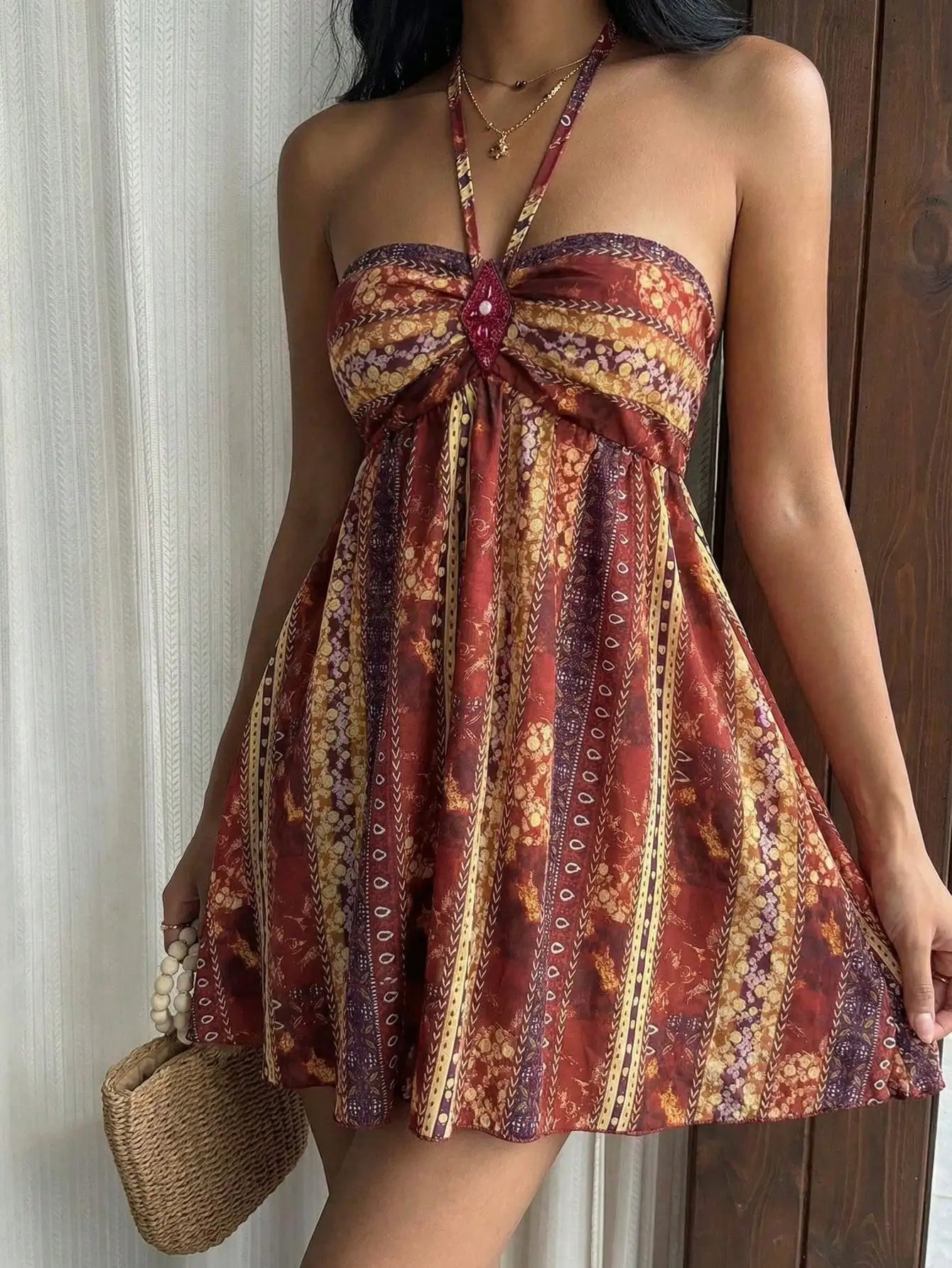 Mini abito bohémien retrò con stampa paisley e paillettes a rombi per donna primavera estate