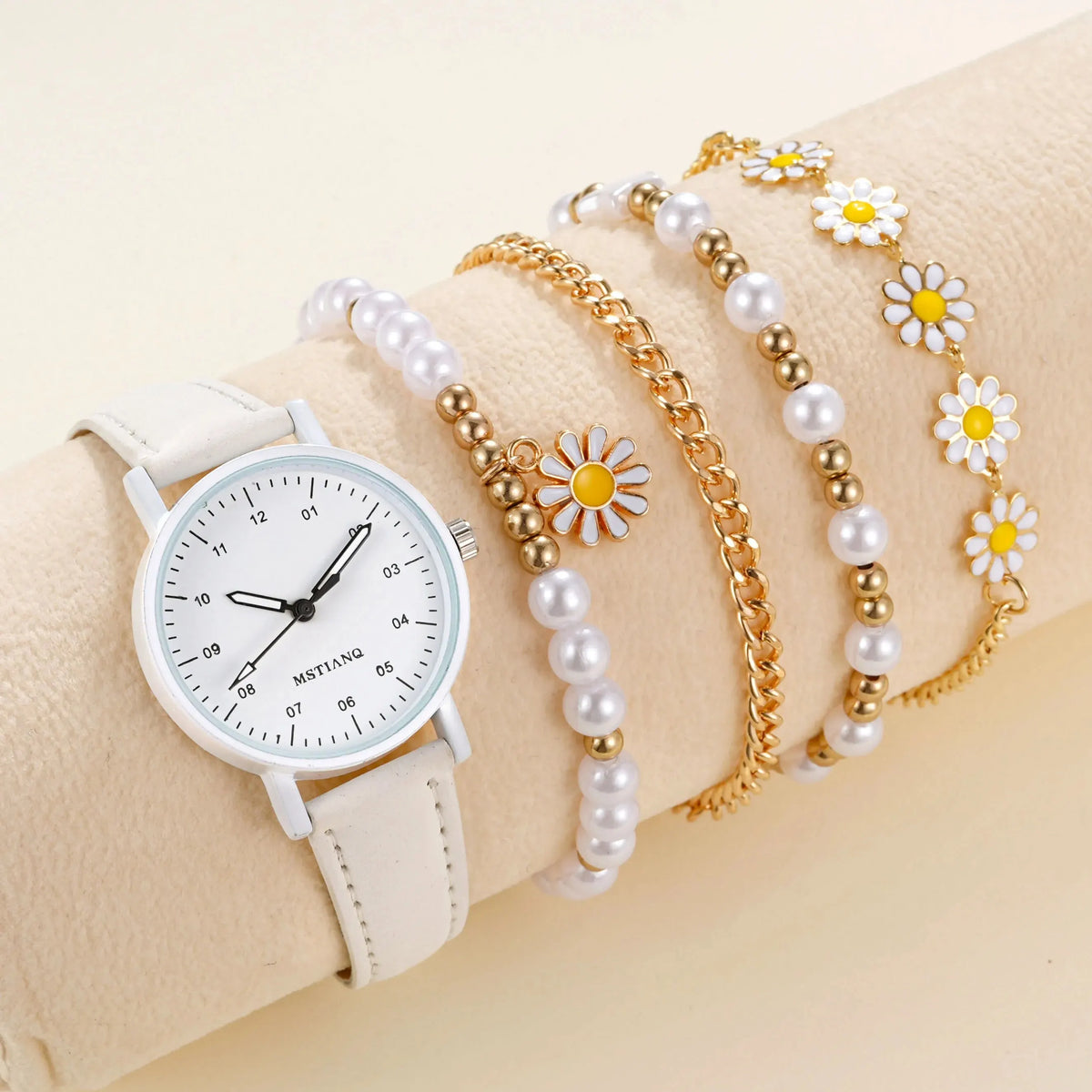 Set da 5 pezzi di nuovi set di orologi da polso fatti a mano con pentagramma creativo e margherita per ragazze