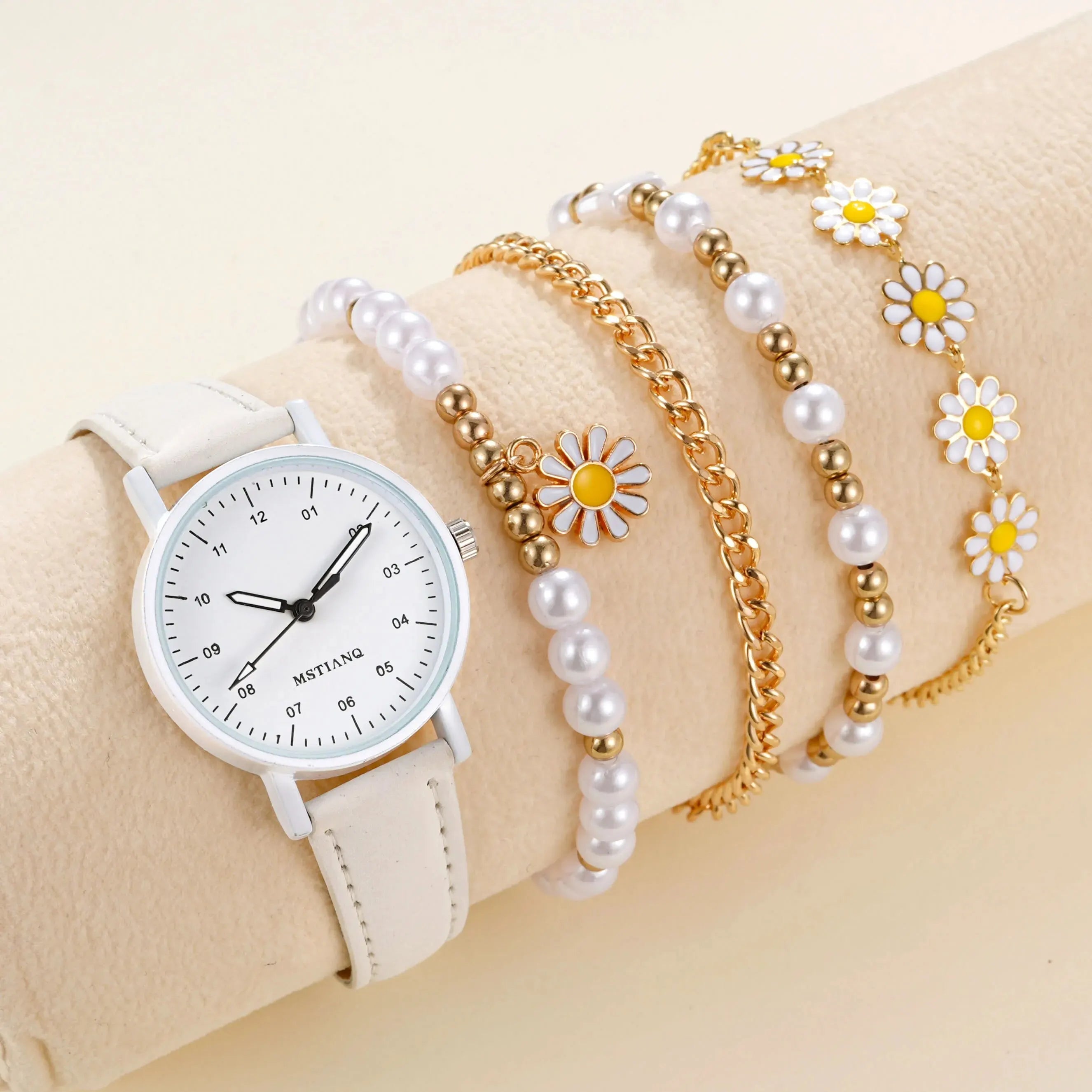 Set da 5 pezzi di nuovi set di orologi da polso fatti a mano con pentagramma creativo e margherita per ragazze