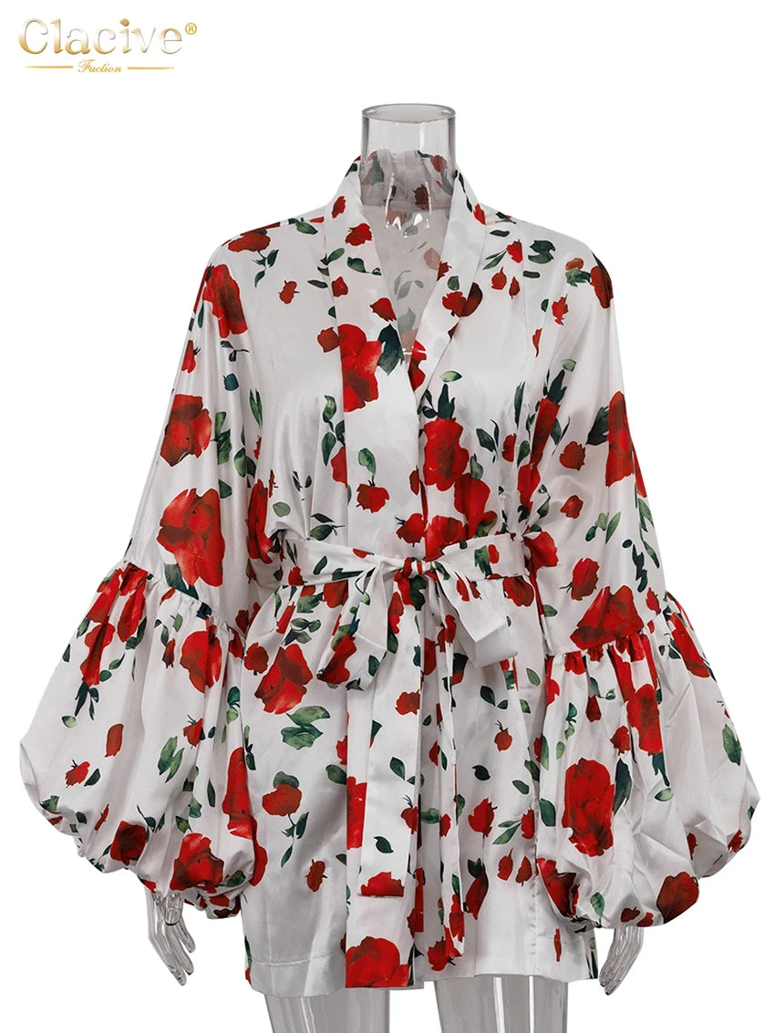 Clacive Fashion Abiti da donna con stampa allentata 2025 Mini abito sexy a maniche lunghe con cappuccio Elegante abito classico con lacci Abbigliamento femminile