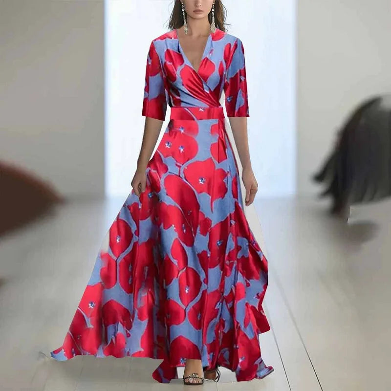 Abito bohémien patchwork con stampa floreale alla moda Donna Abiti lunghi sexy con scollo a V profondo Abiti lunghi larghi con maniche a sbuffo della nuova primavera