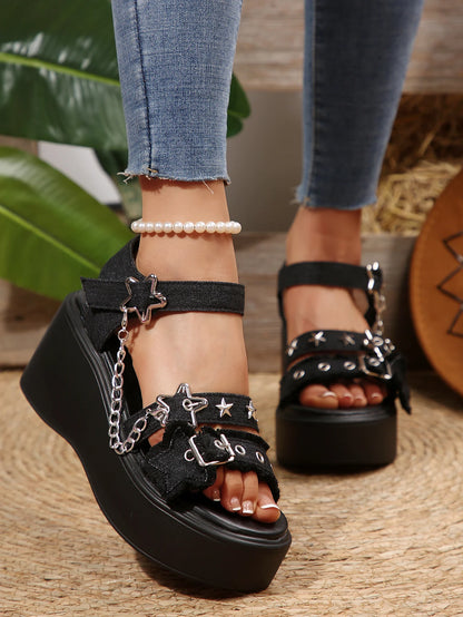 Nuovi Sandali Estivi con Zeppa e Plateau, Catena Metallica, Taglie Grandi, Stile Romano, Punta Aperta, Scarpe Casual con Tacco Rialzato