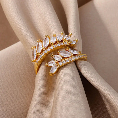 Anelli a foglia a doppio strato con zirconi di lusso per le donne Anello in acciaio inossidabile color oro Boho Coppia gioielli Accessori anelli mujer