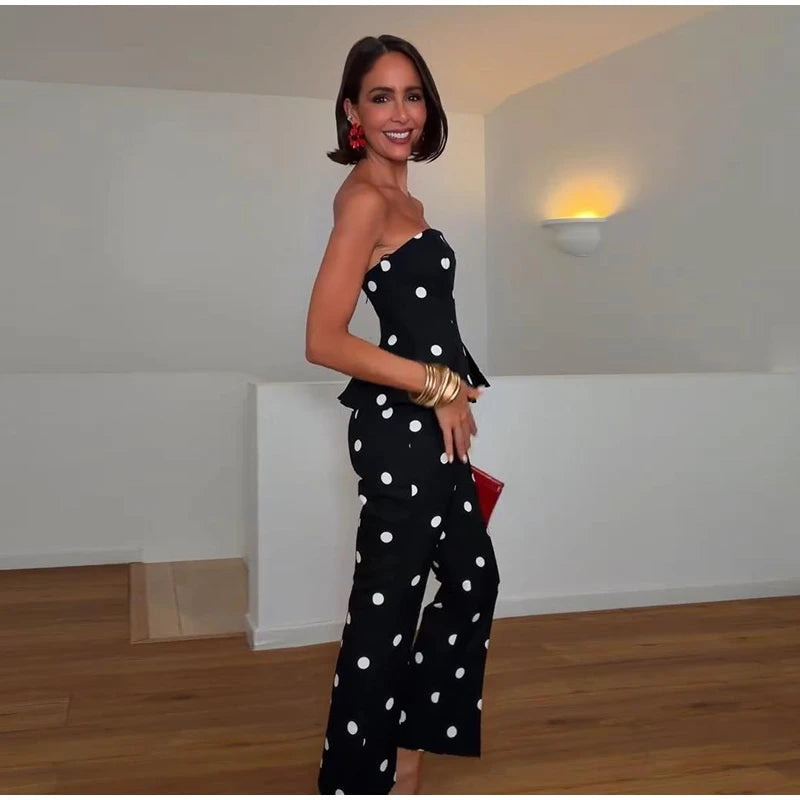Elegante Tuta Intera da Donna a Pois Senza Maniche con Vita Stretta e Schiena Scoperta, Top a Tubino, Pagliaccetto Lungo da Donna, Moda Estiva 2026