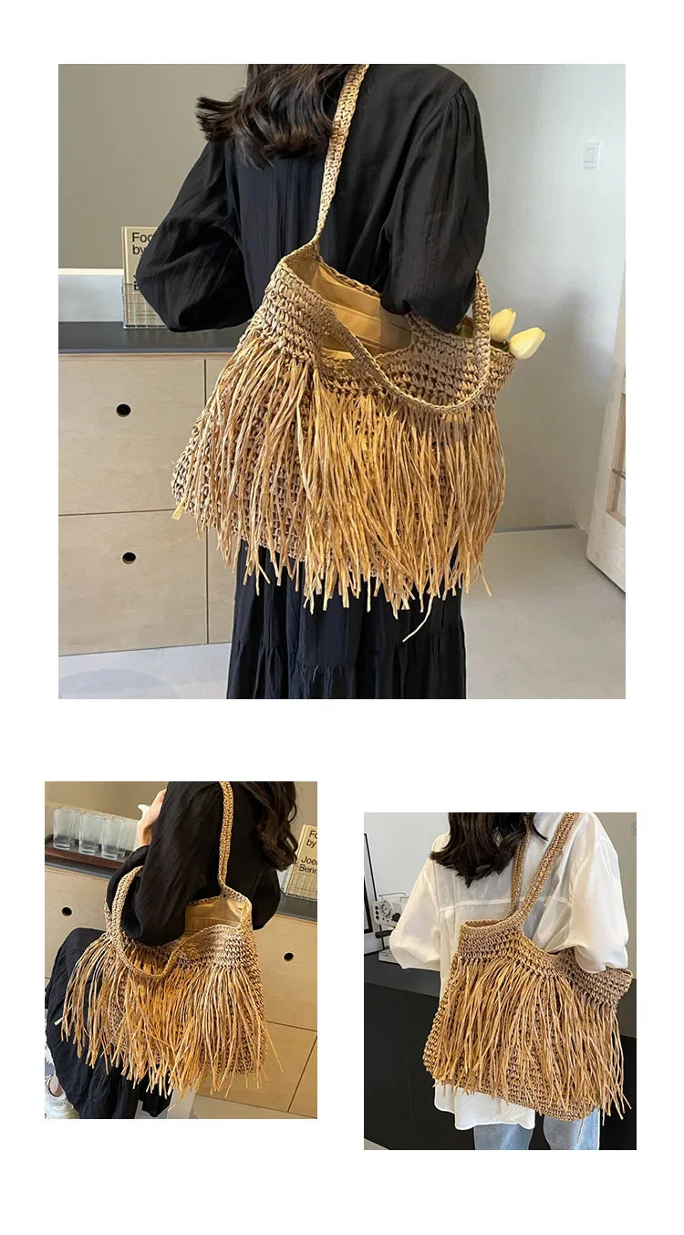 Borse a tracolla da donna in tessuto con nappe casual Borse da donna con frange fatte a mano Borsa tote grande da spiaggia estiva Borsa shopper grande per le vacanze