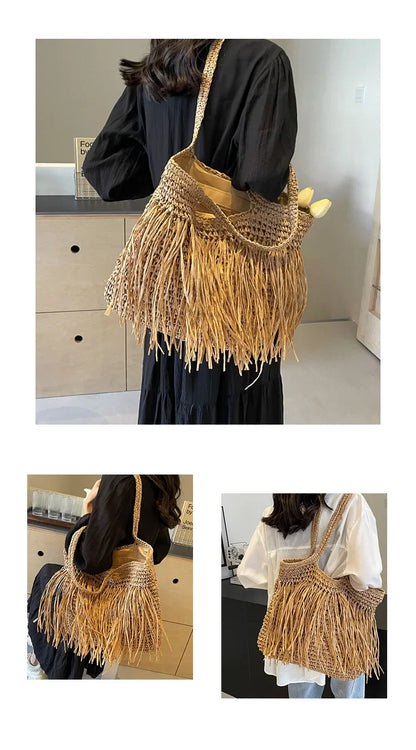 Borse a tracolla da donna in tessuto con nappe casual Borse da donna con frange fatte a mano Borsa tote grande da spiaggia estiva Borsa shopper grande per le vacanze