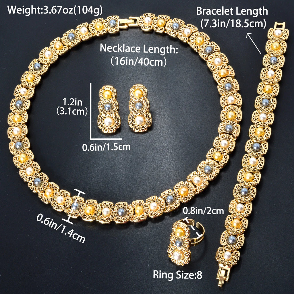 Dubai Luxury Quality Jewelry Set For Women Trend Pearl Necklace Bracelet Ring Earrings Jewelry Set 18k Gold Plated Jewelry