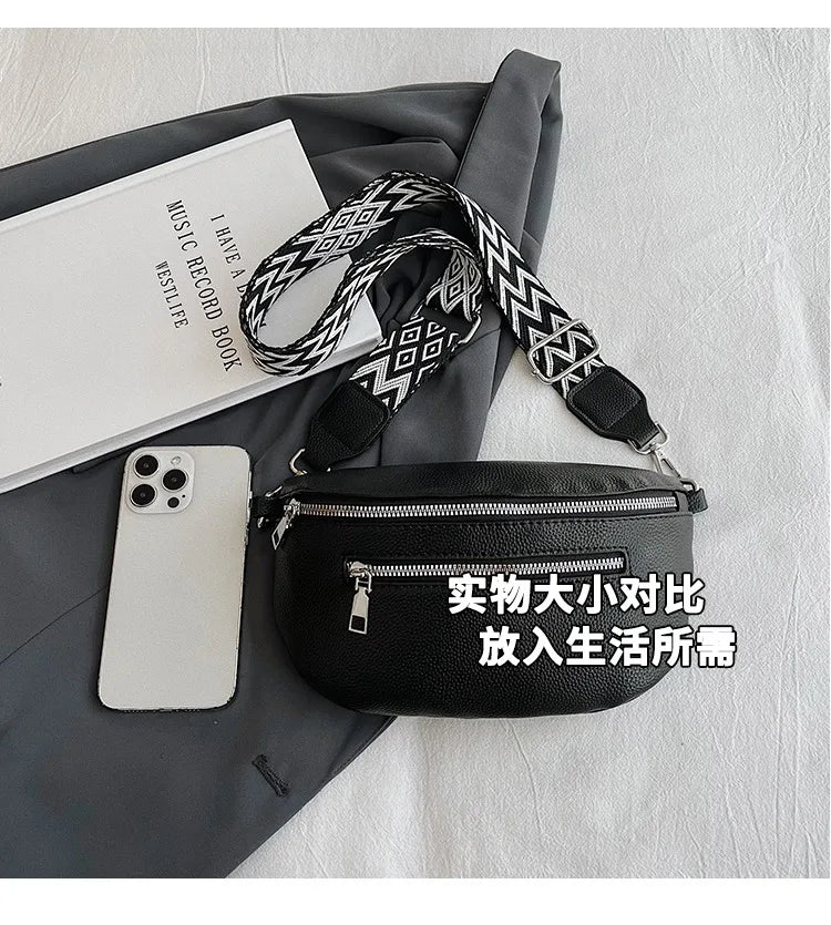 Marsupio da donna Marsupio da strada multitasche Borsa da petto in pelle PU Borsa a tracolla con tracolla larga alla moda Borse a tracolla solide retrò