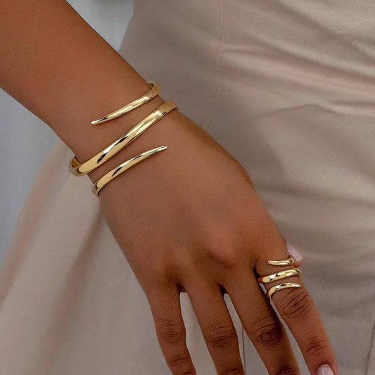 Ensemble de bijoux bracelet et bague épais européens et américains pour femmes, couleur or, ligne géométrique, combinaison bracelet et bague, ensemble cadeau