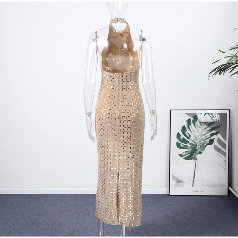 Diamanti di lusso Halter Abito lungo da donna Sexy Slim senza maniche Backless Split Abiti da festa 2026 Primavera Estate Lady Abiti da sera
