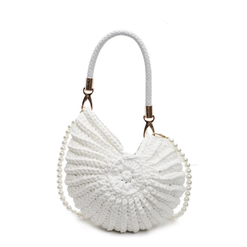 Borse a tracolla da donna all'uncinetto a forma di conchiglia creativa Divertenti catene di perle carine Borsa a tracolla in tessuto fatto a mano Novità piccole borse