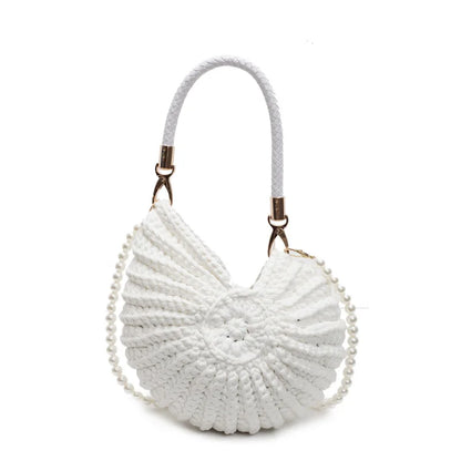 Borse a tracolla da donna all'uncinetto a forma di conchiglia creativa Divertenti catene di perle carine Borsa a tracolla in tessuto fatto a mano Novità piccole borse