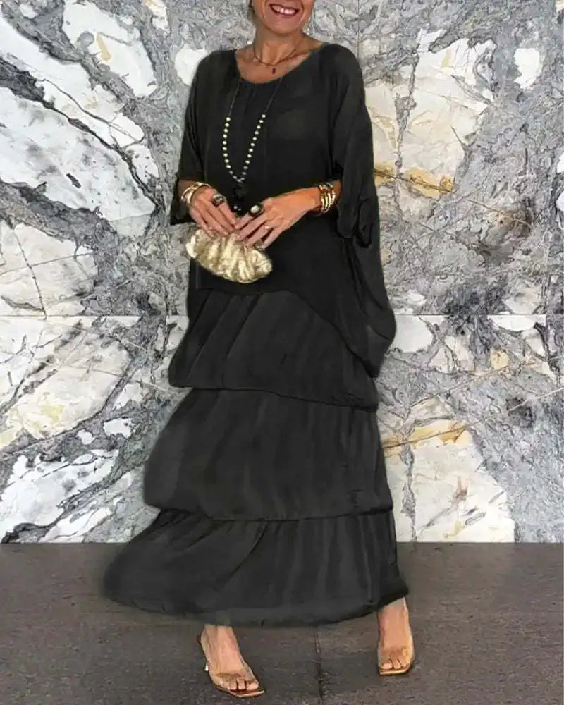 Abiti eleganti da donna in chiffon solido Primavera Autunno O-Collo Abito femminile con volant a strati Mezza manica Torta Abito lungo da vacanza al mare