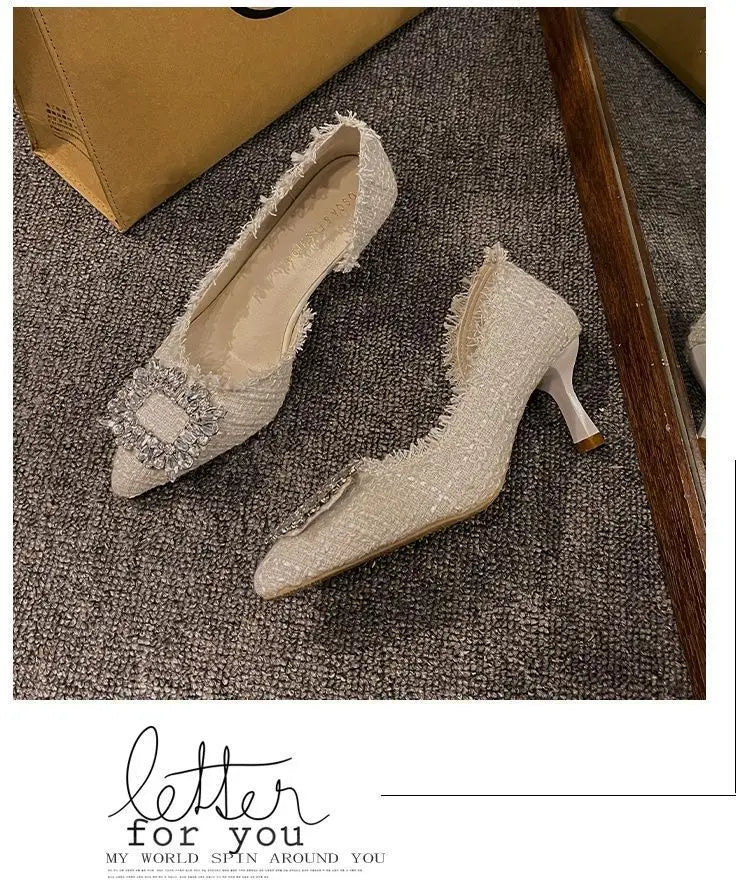 Stiletto Heels 2024 White Wedding Shoes Fashion Pointy Square Button Rhinestone Sandals Temperament Women's Women's Shoes