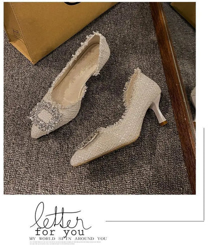 Stiletto Heels 2024 White Wedding Shoes Fashion Pointy Square Button Rhinestone Sandals Temperament Women's Women's Shoes