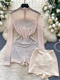SINGREINY Estate Sottile Sheer Sexy Body Manica Lunga Cerniera Con Pantaloncini Design Pagliaccetti Liste Streetwear Donna Maglia Tute