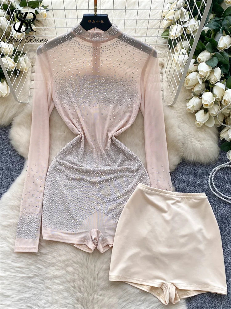 SINGREINY Estate Sottile Sheer Sexy Body Manica Lunga Cerniera Con Pantaloncini Design Pagliaccetti Liste Streetwear Donna Maglia Tute