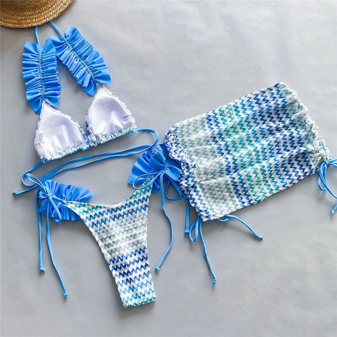 Con gonna Waved Ruffled Bikini con volant costume da bagno femminile costumi da bagno donna tre pezzi Bikini set bagnante costume da bagno Swim V5235