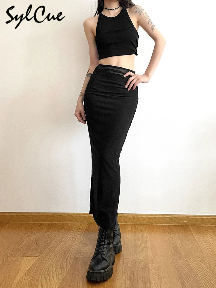 Sylcue Nero Semplice Tutto-fiammifero Casual Pendolari Estate Viaggi di Strada Fresco Gioventù Vitalità Stretto Sexy Gonna da Donna ad Alta Elasticità
