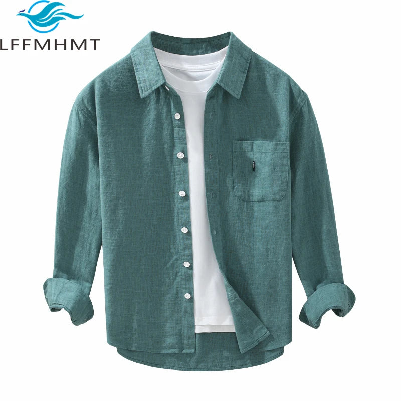 2402 cotone lino tinta unita semplice Basic top uomo primavera autunno moda stile giapponese Harajuku camicie Casual comode e sane