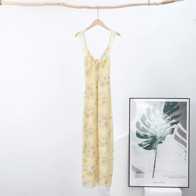 Abito da spiaggia con volant con stampa floreale Abito da donna elegante senza maniche senza schienale scollato con lacci Abiti lunghi 2025 Abito estivo da donna nuova