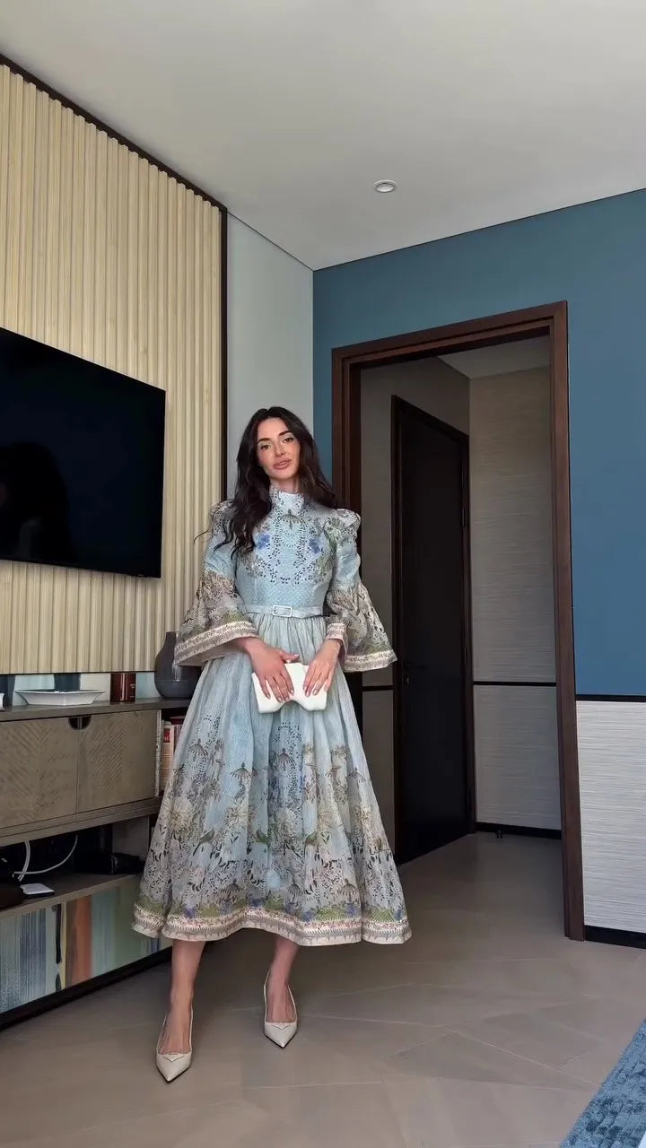 Abito Lungo da Donna con Stampa, Scollo a V, Maniche a Campana, Bordo a Foglia di Loto, Vita Alta, Vestito Maxi Aderente, Elegante Abito da Sera per Feste