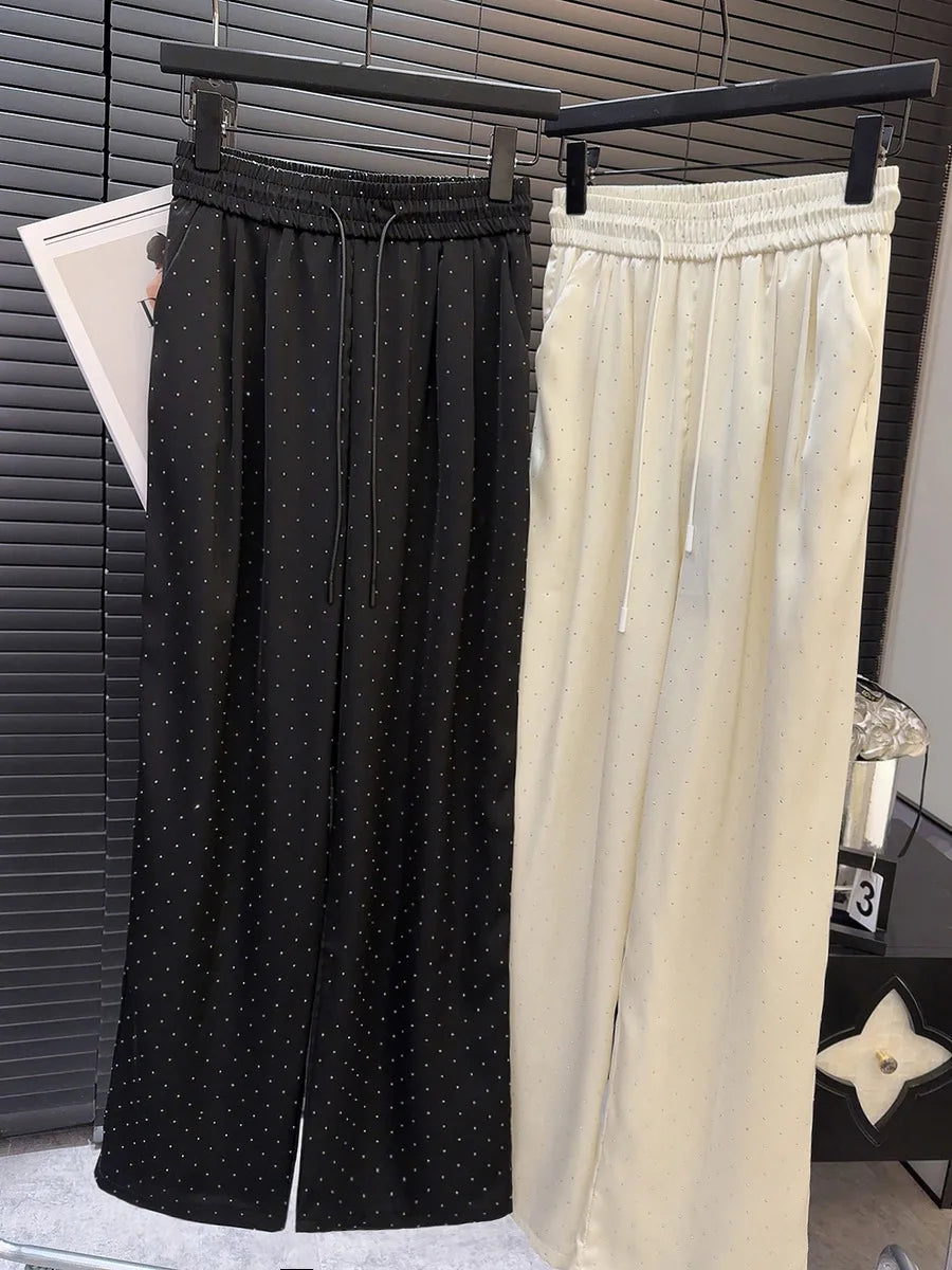 2026 Pantaloni a gamba larga con strass pieni di lusso di alta qualità Moda nuovi pantaloni dritti a vita alta con coulisse Pantaloni casual da donna
