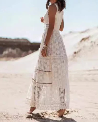 Women Summer Elegant Bohemian Maxi Dress Sleeveless Lace Trimmed Flared Dress Casual V-Neck Evening Party Long Dresses
