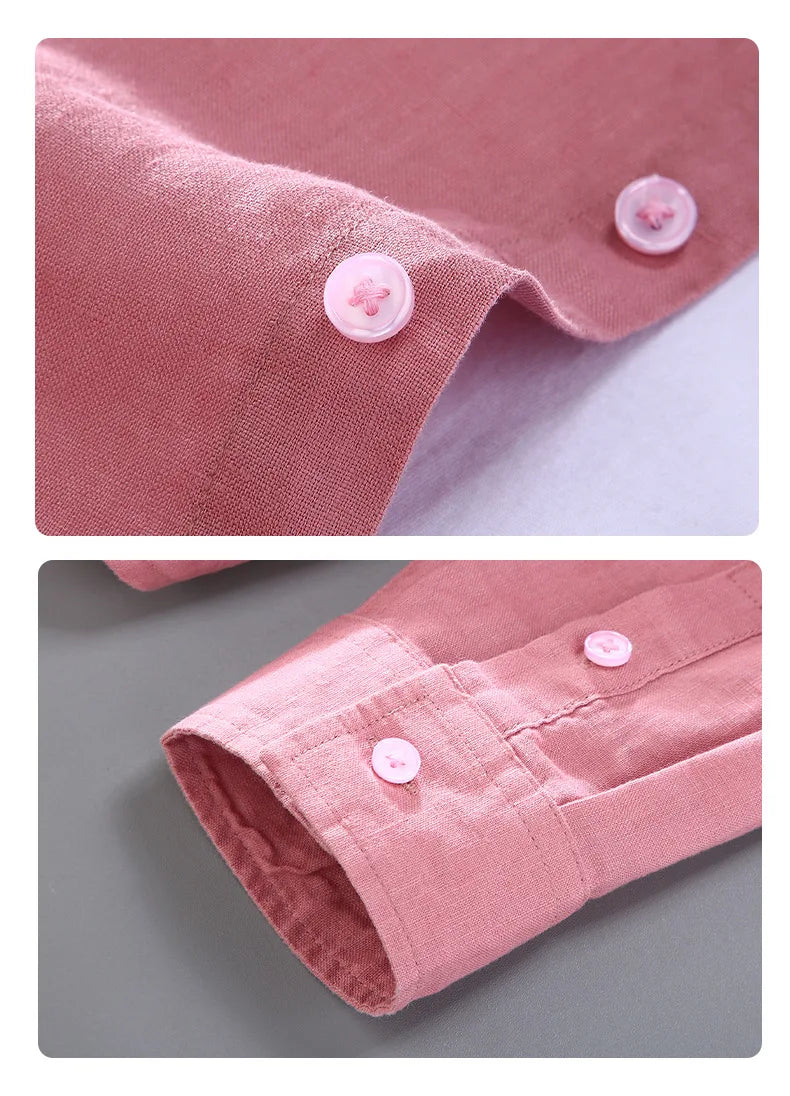 Camicia a maniche lunghe in lino 100% per uomo Primavera Autunno Moda Buona qualità Tinta unita Sottile e traspirante Camicetta con risvolto sano Top maschile