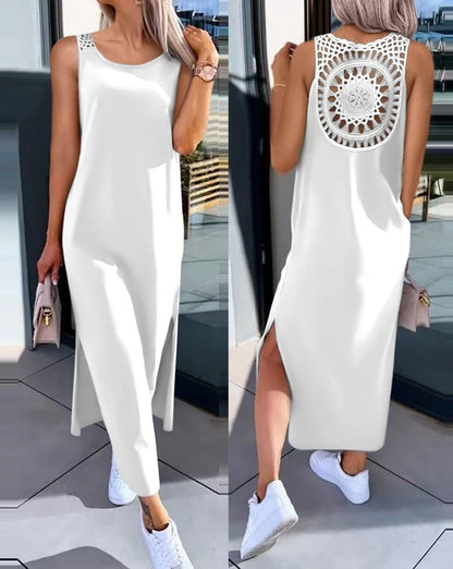 Abiti da donna 2024 Moda estiva con spacco scavato Casual tinta unita girocollo senza maniche abito dritto quotidiano a metà polpaccio