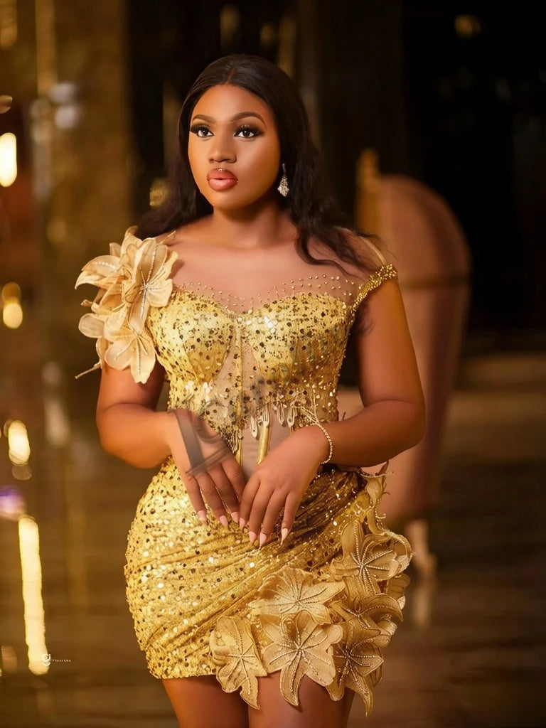 Caroline Bling Paillettes Abiti da ballo per le donne Pieghettato Fiori 3D Dubai Abito da sera formale Vestido De Formatura Personalizzato
