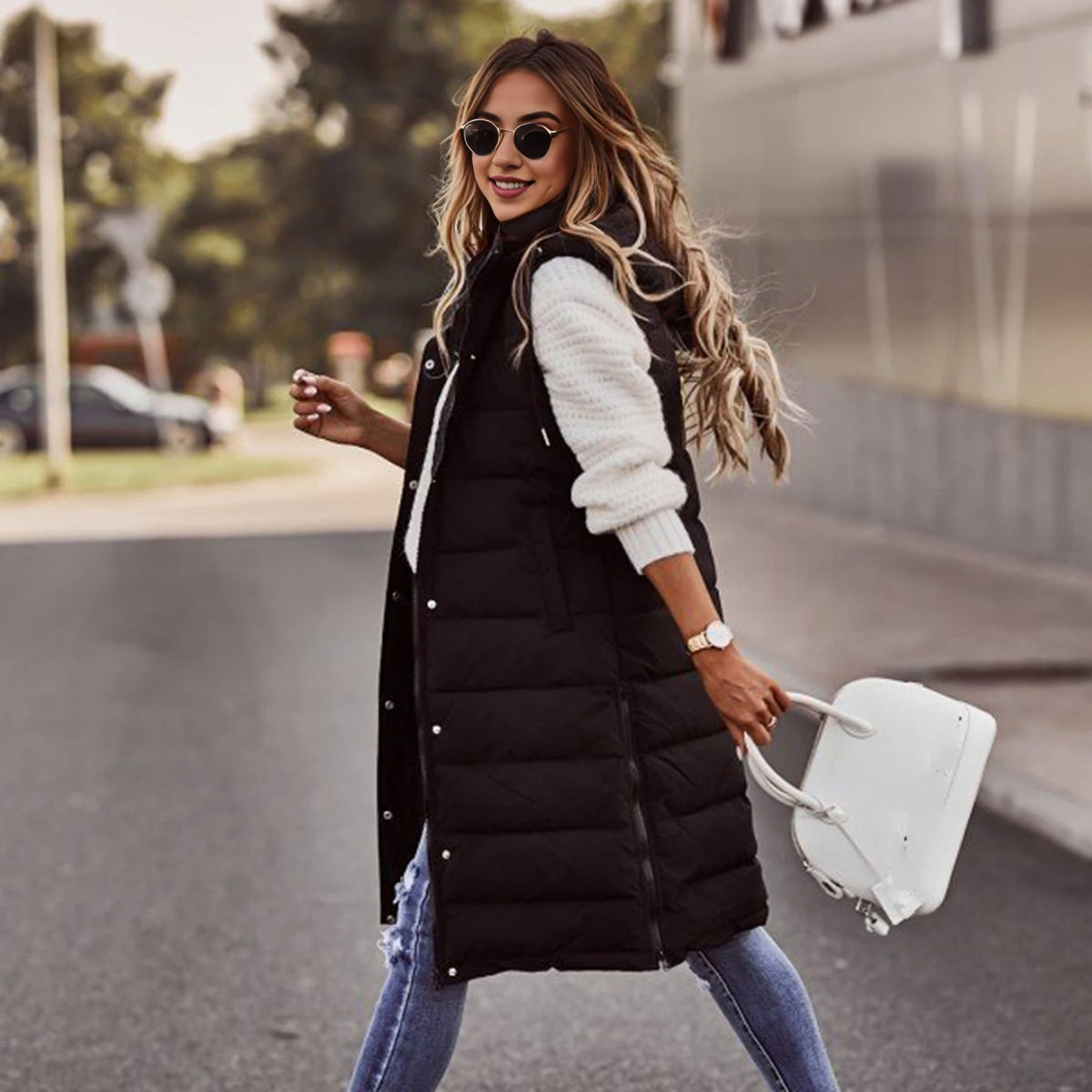 Gilet lungo da donna con cappuccio autunno inverno senza maniche in cotone caldo piumino gilet trapuntato piumino Outwear 2XL