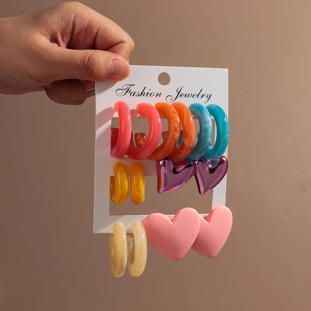 Boucles d'oreilles géométriques en acrylique pour femmes, 7 paires, colorées, cercles en résine, clous d'oreilles en forme de cœur, ensemble de bijoux, cadeaux d'anniversaire