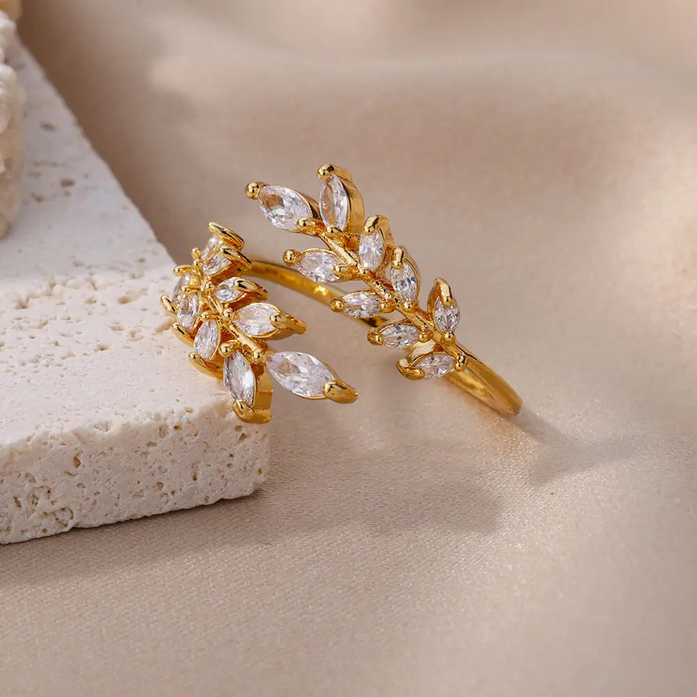 Anelli a foglia a doppio strato con zirconi di lusso per le donne Anello in acciaio inossidabile color oro Boho Coppia gioielli Accessori anelli mujer
