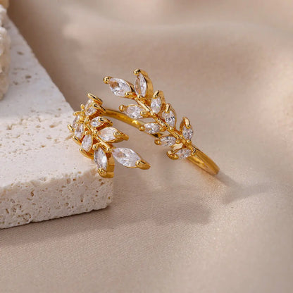 Anelli a foglia a doppio strato con zirconi di lusso per le donne Anello in acciaio inossidabile color oro Boho Coppia gioielli Accessori anelli mujer