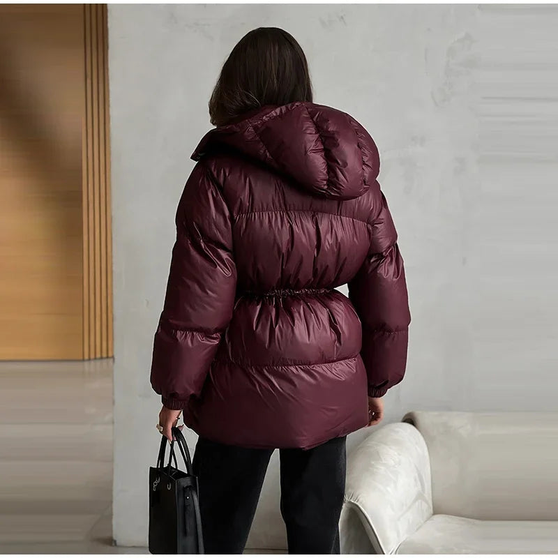 Giacca invernale da donna con cappuccio, calda, con cintura in vita regolabile, maniche lunghe, chiusura con zip, cappotto imbottito da donna, moda 2026, parka spessa da donna
