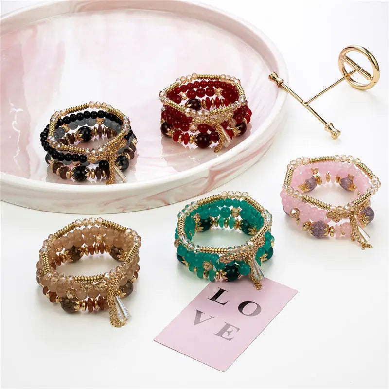 4 pezzi nuovo set di braccialetti con perline con ciondoli e nappe per donna, bracciale a catena con perline di vetro colorato, gioielli bohémien da uomo