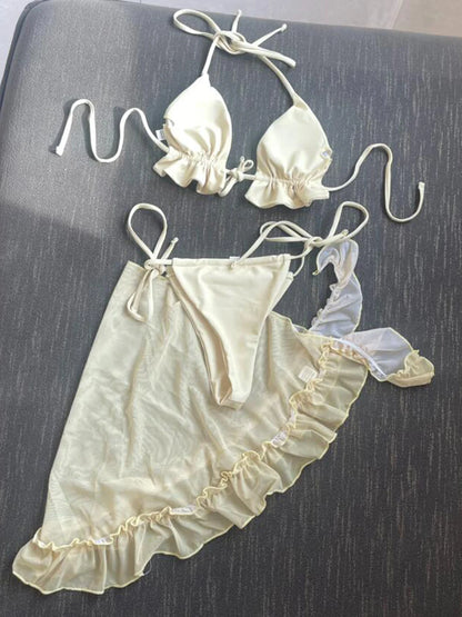 Nuovo con Sarong Halter Bikini arruffato costumi da bagno donna costume da bagno donna tre pezzi Bikini set bagnante costume da bagno Swim Lady K4144