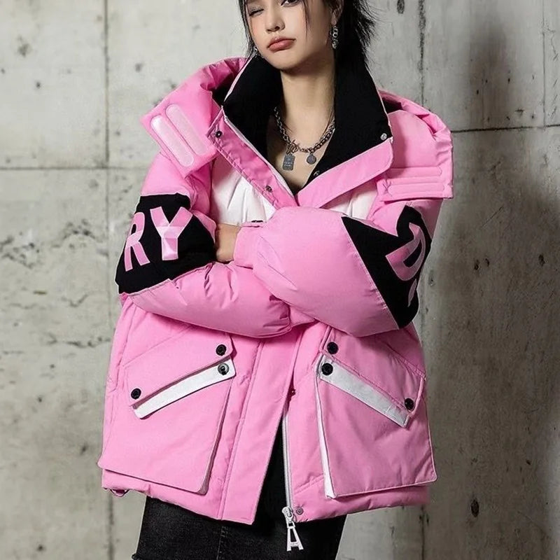 Caldo inverno piumino giacche donna Parka con cappuccio abbigliamento invernale cappotto da neve Casual spessa piumino corto brillante Streetwear