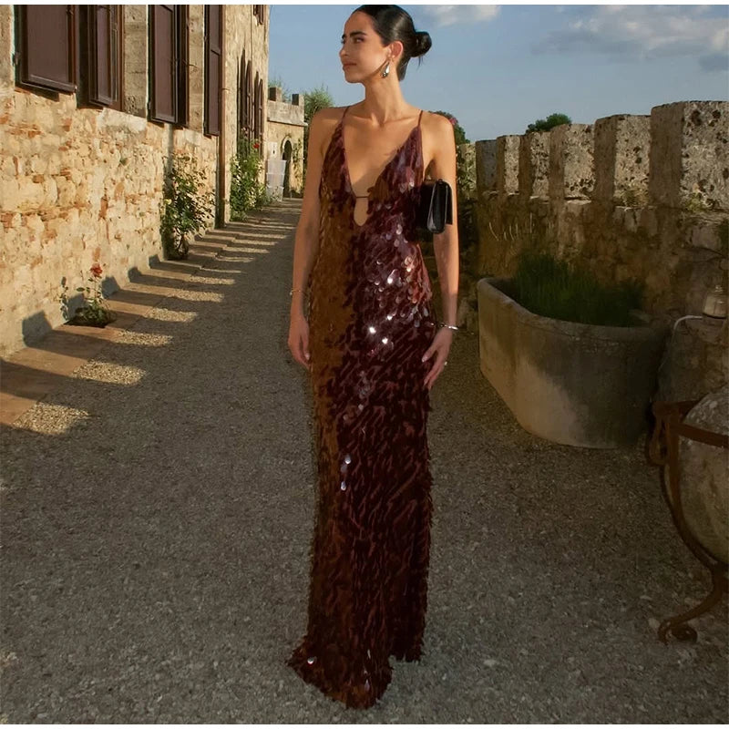 Abito lungo da donna con paillettes Abito lungo con scollo a V Solido Backless Vita alta Abiti senza maniche 2025 Moda Nuova estate Lady Party Robes