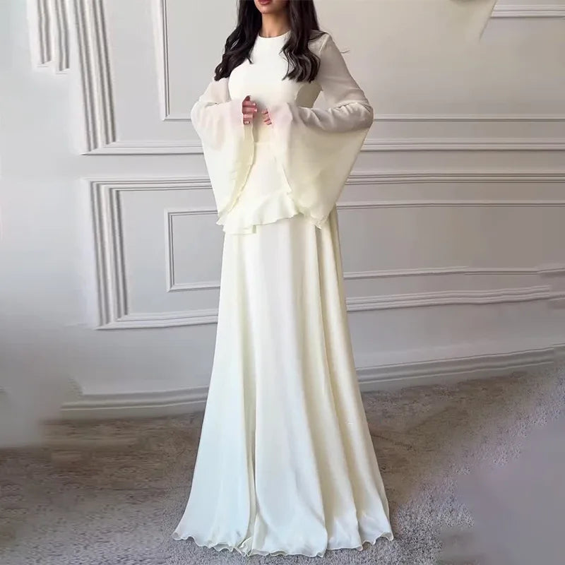 Elegante Abito Lungo in Chiffon Blu con Volant, Vestito Aderente con Collo Tondo e Maniche a Campana, Nuova Collezione 2026 per Matrimoni e Feste