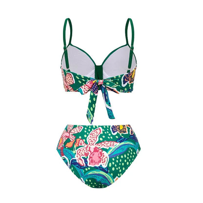 Vintage Green Abstract Print Bikini Set Women Push Up High Waist Swimsuit 2026 Beach Bathing Suit Long Skirt 3 Piece Swimwear