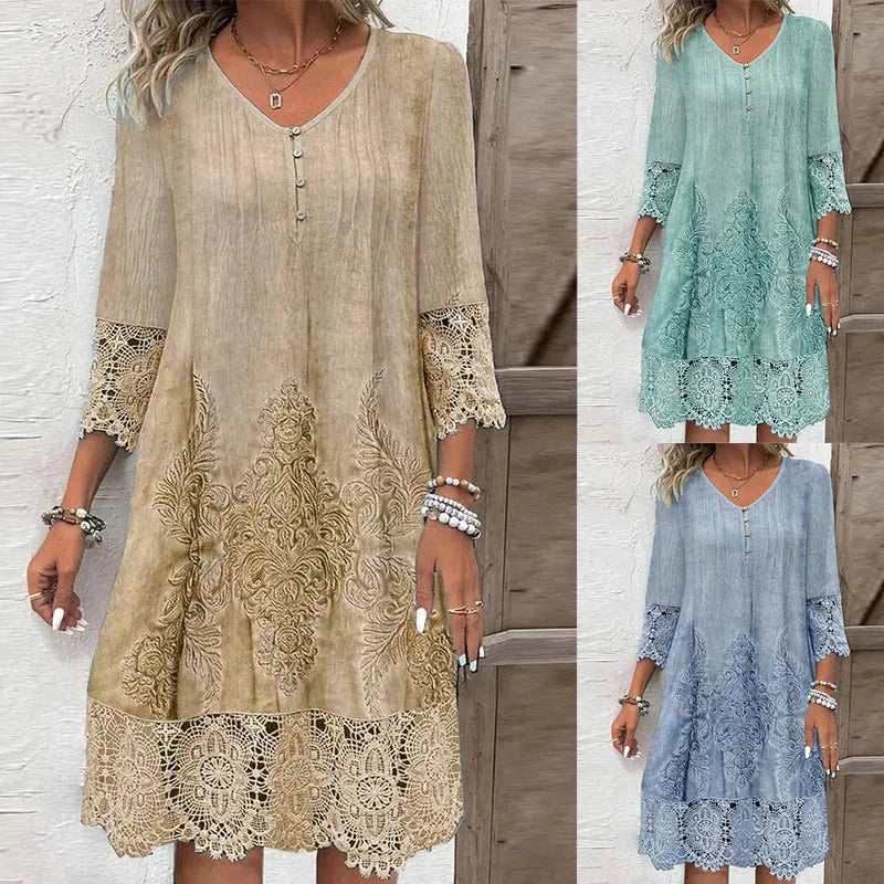 Abiti estivi di moda 2024 Estate Nuovo modello 3D Splicing in pizzo Scavato Abito longuette Casual Abiti a maniche corte Lady Vestido