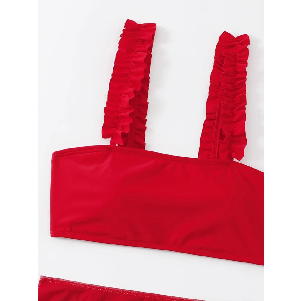 Costume da bagno rosso 2026 da donna, sexy, a vita alta, con gonna, bikini a tre pezzi, con volant, fascia per il petto, per l'estate e la spiaggia