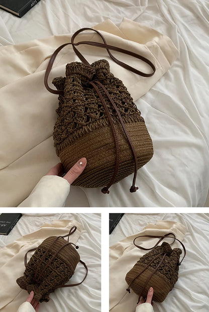 Borsa a tracolla da spiaggia in paglia estiva da donna fatta a mano borsa a tracolla con coulisse cava intrecciata borsa da viaggio con Design femminile di moda lavorata a maglia