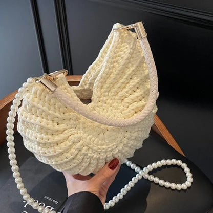 Borse a tracolla da donna all'uncinetto a forma di conchiglia creativa Divertenti catene di perle carine Borsa a tracolla in tessuto fatto a mano Novità piccole borse