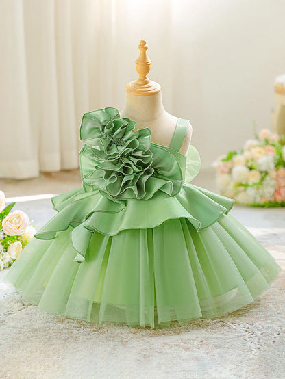 Elegant Fold Flower Party Baby Girl Dresses Toddler Tulle 1st Birthday Princess Dress for Kids Bow Wedding Bridesmaids Prom Gown