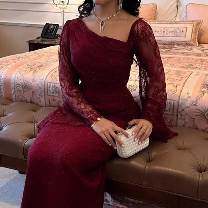Abito da cerimonia da donna rosso vino tinta unita elegante casual alla moda sottile in pizzo alla caviglia primavera americana europea nuova moda
