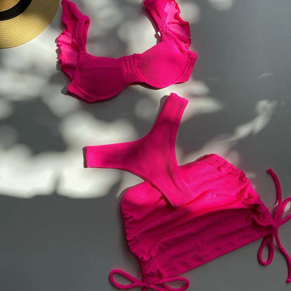 Costume da bagno a vita bassa in tessuto ondulato solido copricostume per donna costume da bagno Push Up con volant a tre pezzi 2023 costumi da bagno da spiaggia