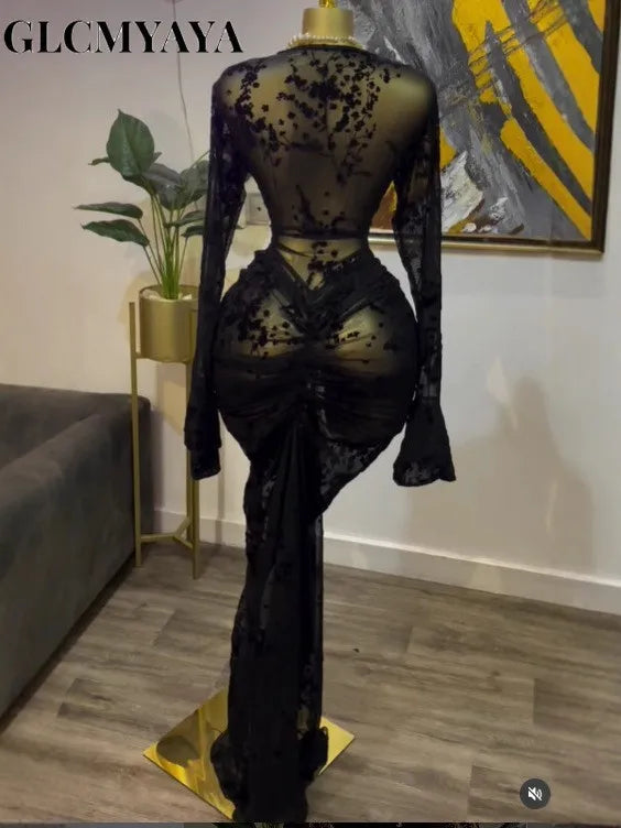 CM.YAYA 2025 Autunno Donna Manica lunga Maglia impilata Vedi anche con fodera Aderente Abito lungo da sera Compleanno Abiti da festa sexy